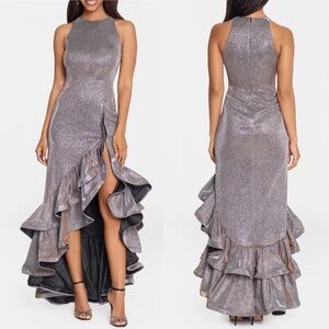 NEW BETSY & ADAM Metallic GALAXY Glitter RUFFLE High-Low COCKTAIL Dress GOWN 6